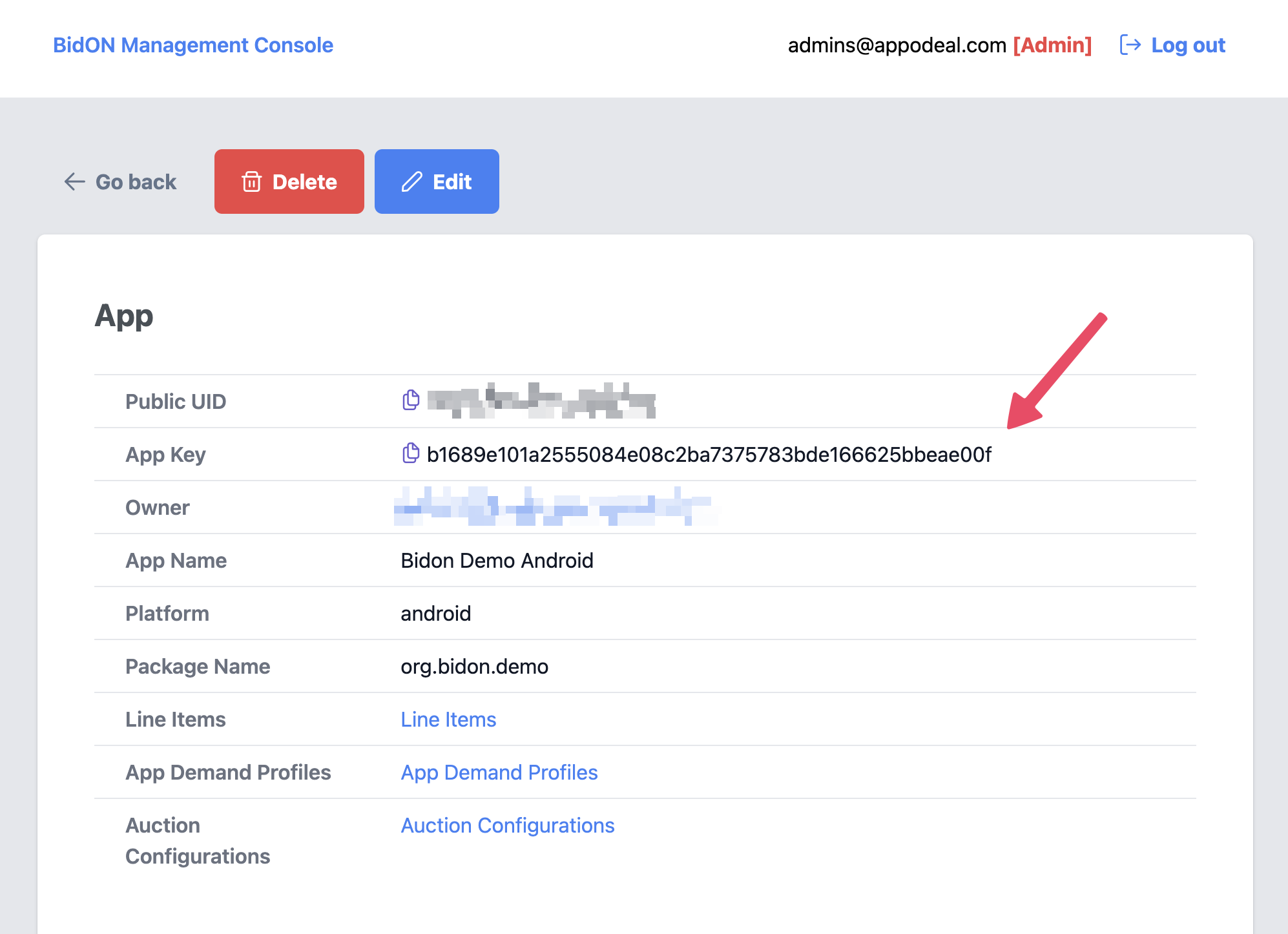 Fill in Bidon app credentials for the Bidon Custom Network